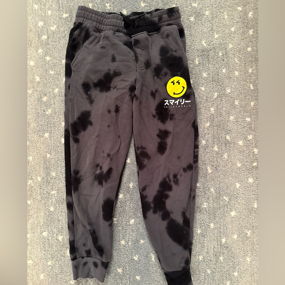 H&M Smiley World Tie Dye Black Yellow Sweatpants US 10